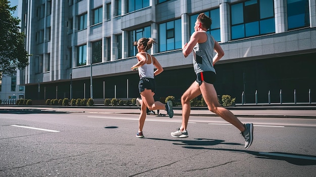 Loppers man en vrouw in de straat lopen of trainen