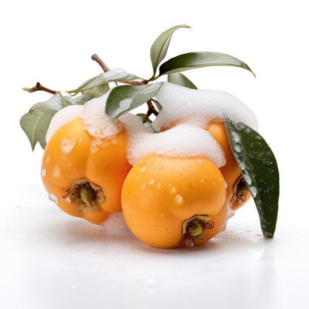 Loquat covered with frost and snow isolated on white background