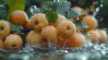 Photo loquat hovering above the crystal clear water beside palm leaves wide