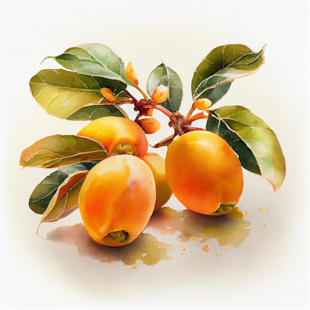 Loquats. Watercolor on white paper background. All the fruits.