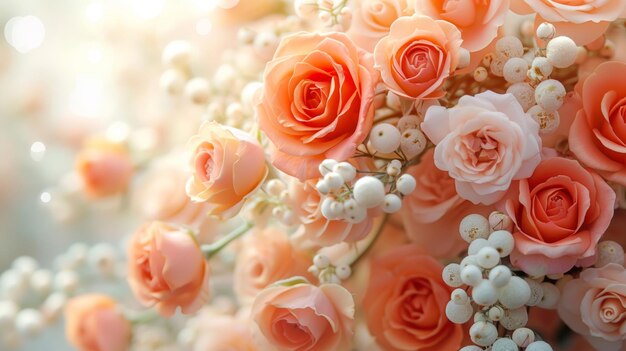 loral arrangement brimming with delicate roses in soft shades of orange and pink