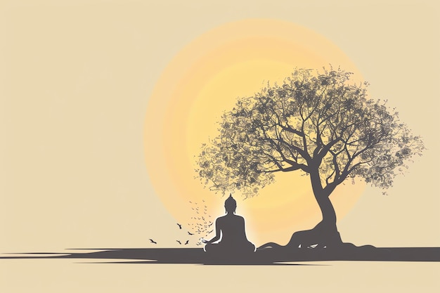 Photo lord buddha in meditation under bodhi tree illustration background
