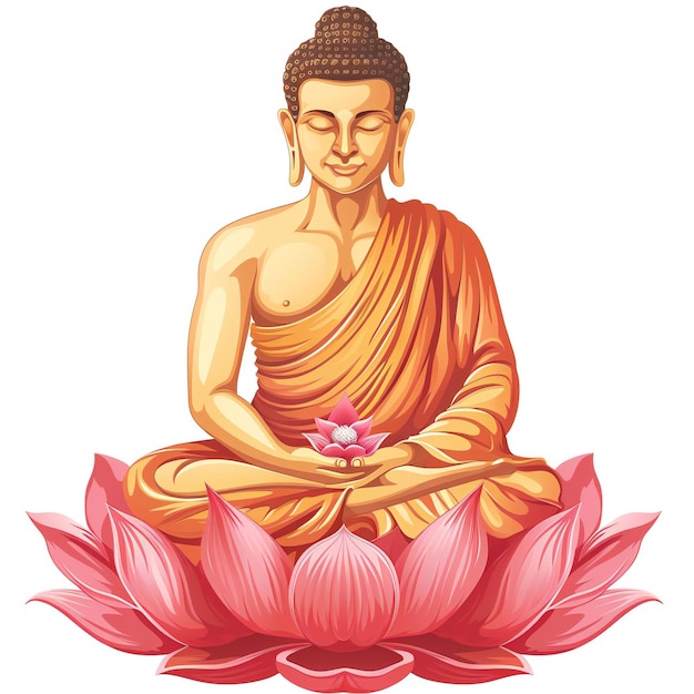 Lord Buddha in Meditation Serenely Seated on a Blooming Lotus Flower Vector