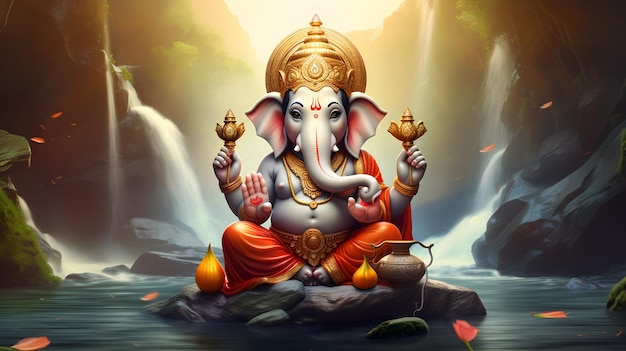 Lord Ganesha beeld met achtergrond van een waterval