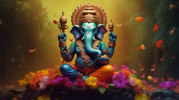 Lord ganesha hindu god flowers oil painting sitting image AI generated art