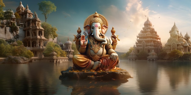 Lord ganesha sculpture on river with temple and sky background