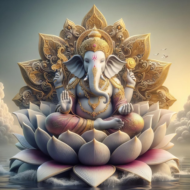 Lord Ganesha with lotus flower in the sky background