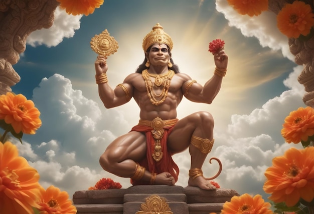 Photo lord hanuman god in a divine pose in happy hanuman jayanti celebration day concept art