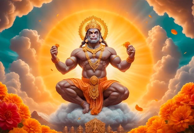 Lord Hanuman god in a divine pose in happy hanuman jayanti celebration day concept art