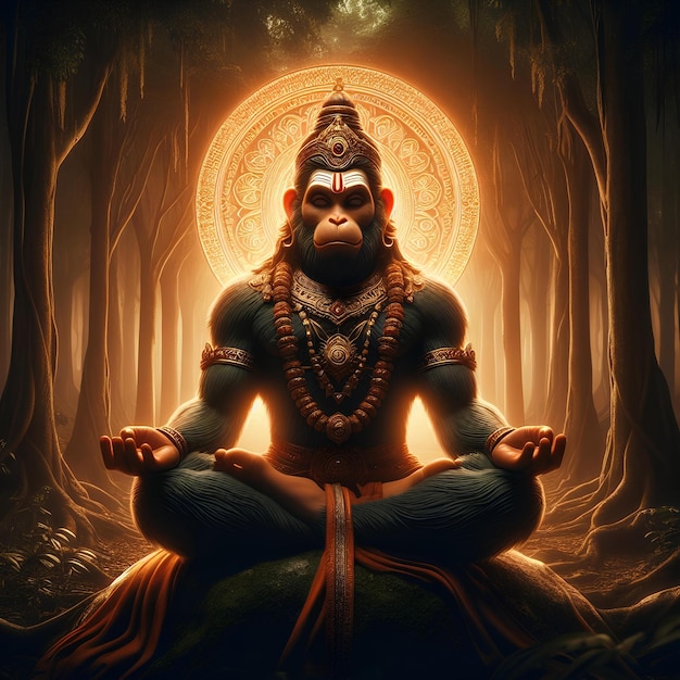 Lord hanuman meditating in the dark forest