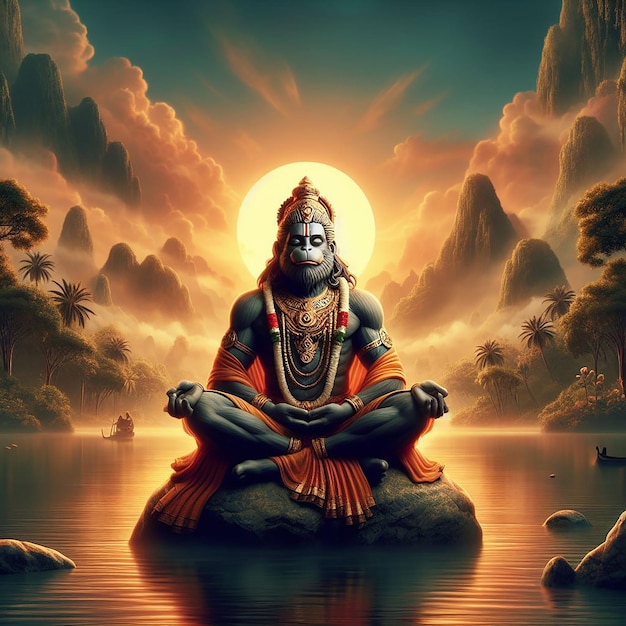 Lord hanuman meditating in a peaceful background ai generated