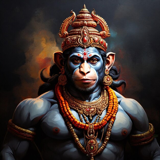 Lord hanuman with a gold crown in artistic painting style image