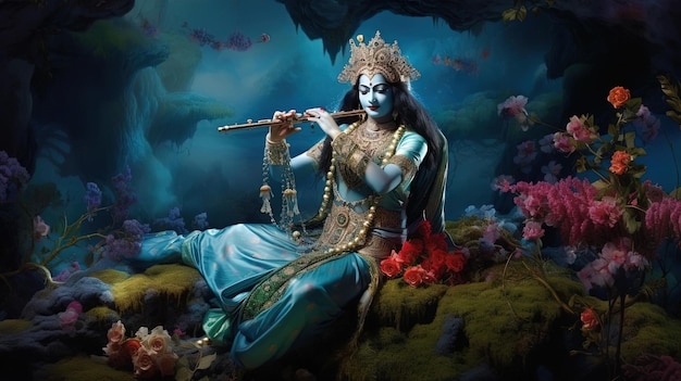 인도 사람들을 위한 가상의 풍경 Janmasthami가 있는 Lord Krishna 아름다운 포스터