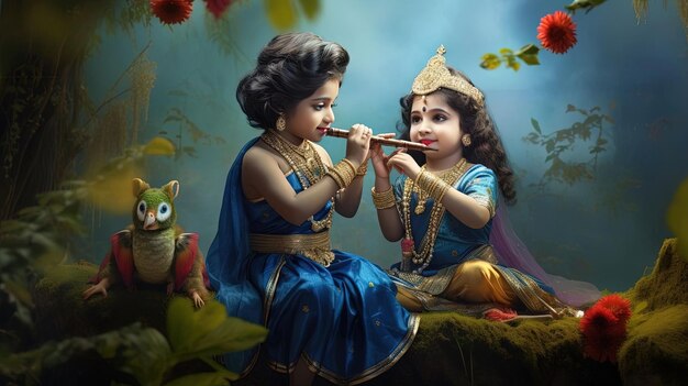 인도 사람들을 위한 가상의 풍경 Janmasthami가 있는 Lord Krishna 아름다운 포스터