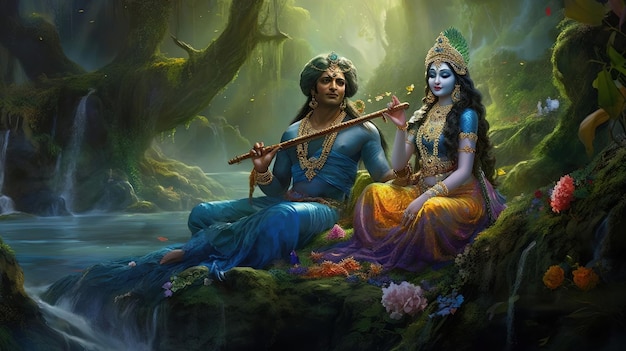 인도 사람들을 위한 가상의 풍경 Janmasthami가 있는 Lord Krishna 아름다운 포스터