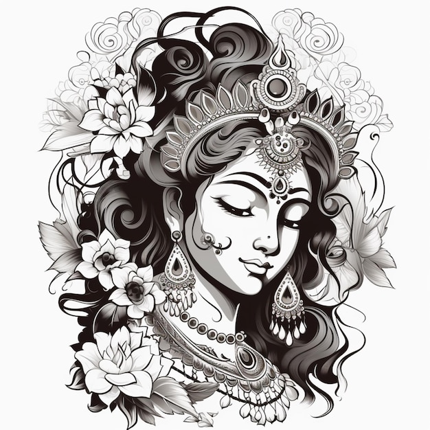 Photo lord krishna black and white clipart drawing illustration image ai generated art