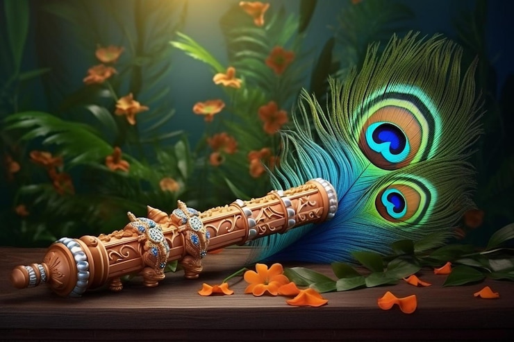 Photo lord krishna flute and peacock feather for janmashtami festival