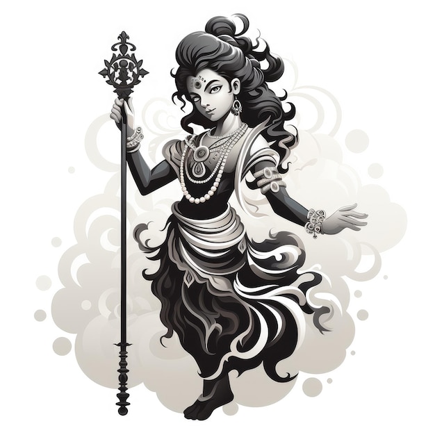 Lord Krishna는 막대를 손에 들고 있습니다. 흑백 그림 Generative AI