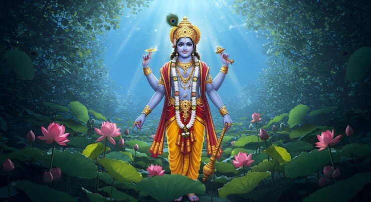 Photo lord krishna in lotus garden