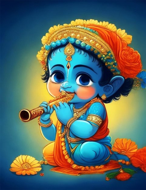 Lord Krishna playing bansuri flute in the religious festival background of Shree Krishan Janmashta