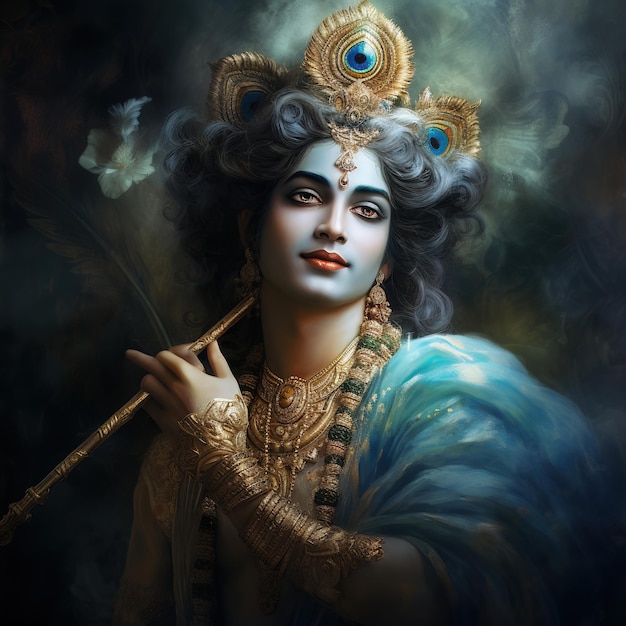 Lord Krishna and playing flute on the occasion of Janmashtami festival of India Ai Generated