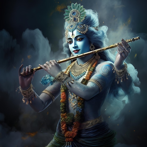 Lord Krishna and playing flute on the occasion of Janmashtami festival of India Ai Generated