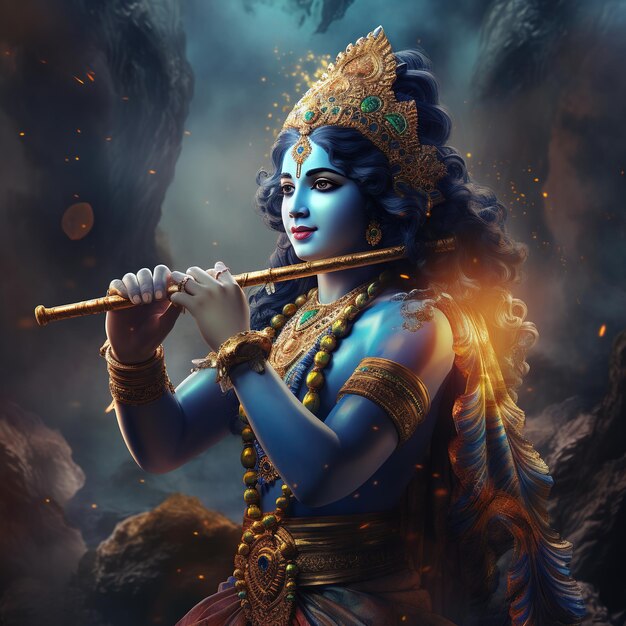 Lord krishna and playing flute on the occasion of janmashtami festival of india ai generated