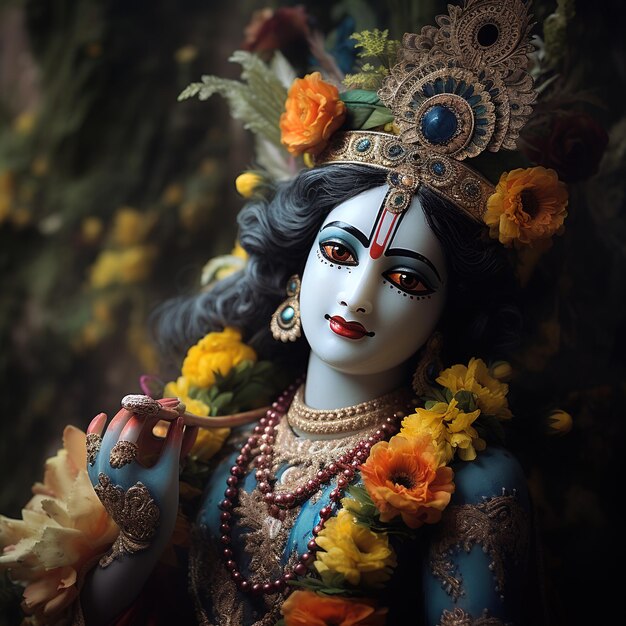 インドのジャンマシュタミ祭りでクリシュナ神とフルートを演奏 Ai Generated
