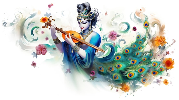 Photo lord krishna and playing flute on the occasion of janmashtami festival of india ai generated