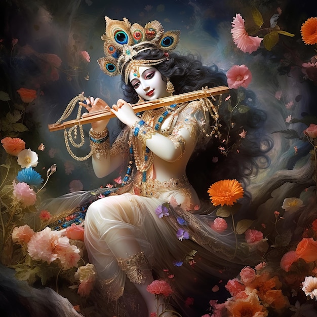 Господь Кришна и игра на флейте по случаю индийского фестиваля Джанмаштами Ai Generated
