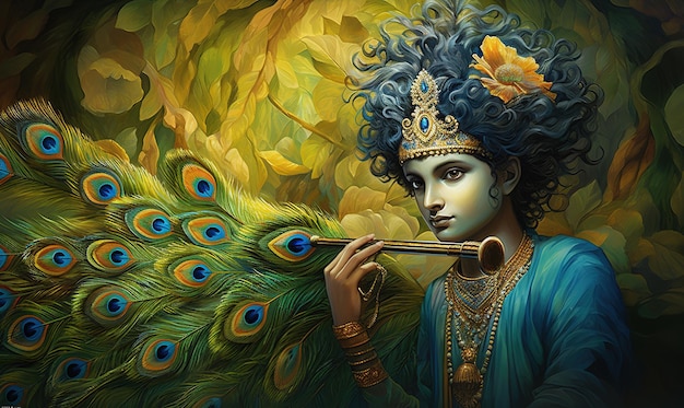 Photo lord krishna and playing flute on the occasion of janmashtami festival of india ai generated