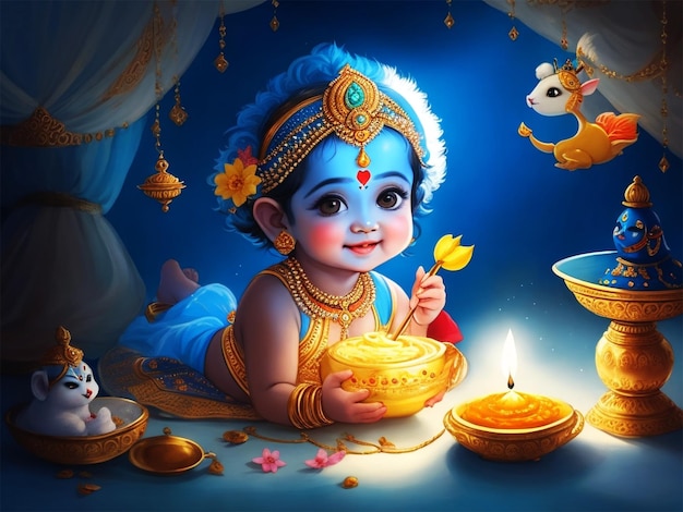 Shri Krishan Janmashtami의 종교 축제 벽지에서 연주하는 Lord Krishna