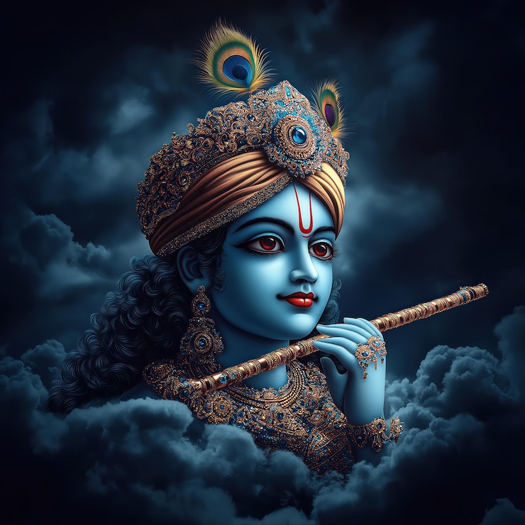 Photo lord krishna portrait with flute portrait of krishna against dark sky blueskinned boy plays