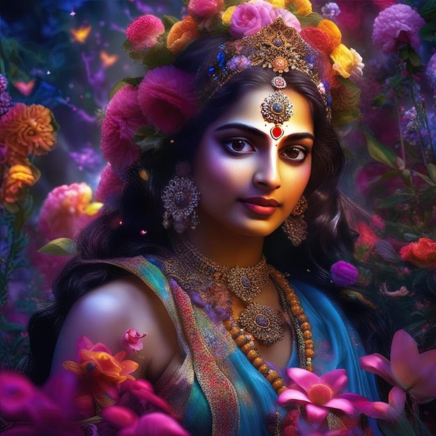 Photo lord krishna sita mata beautiful flower background women in flower background