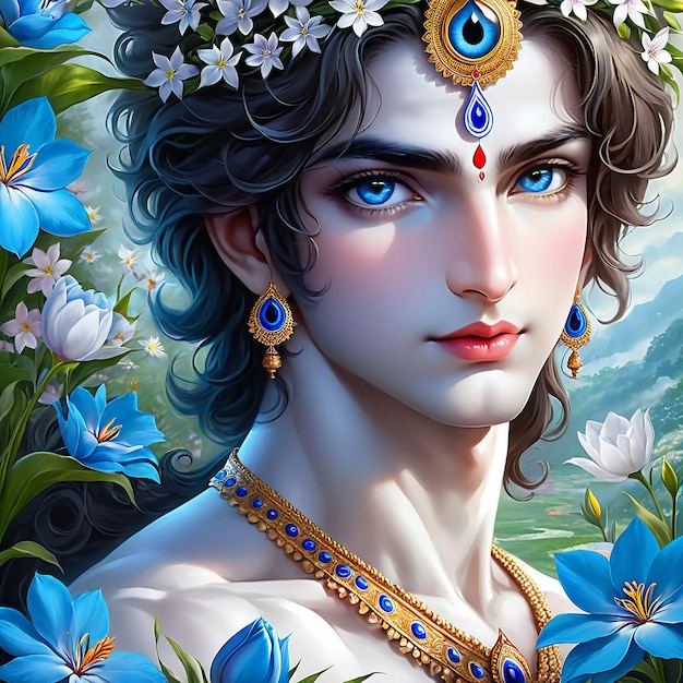 Lord Krishna in spring flower garden