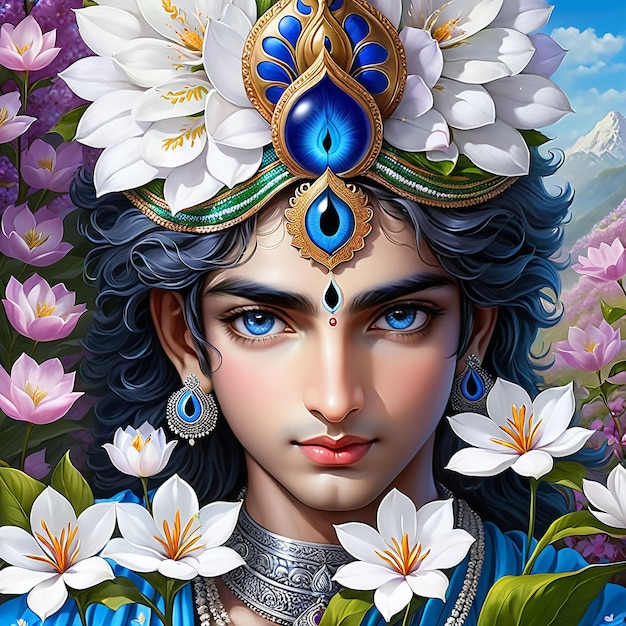 Lord Krishna in spring flower garden