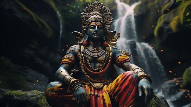 Foto statua di lord krishna nella giungla con cascata generativa ai