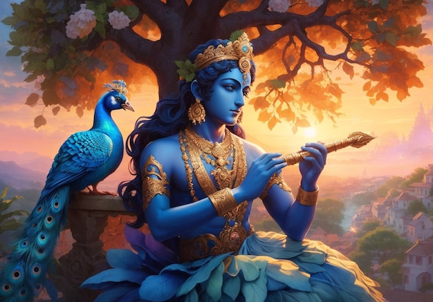 Lord Krishna Using Flute Happy Janmashtami Illustration