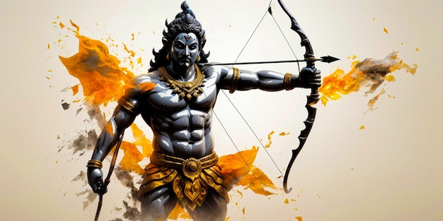 Lord Ram Holding Bow Arrow met silhouet Ravan Demon en penseelstreekeffect op witte achtergrond f