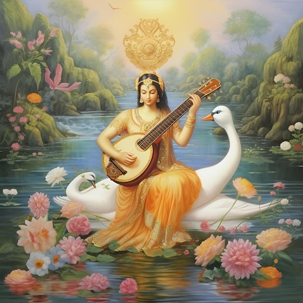 Lord Saraswati met Veena op haar hand zittend op zwaan