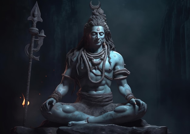 Lord Shiva sitting on stone dramatic photo generative AI