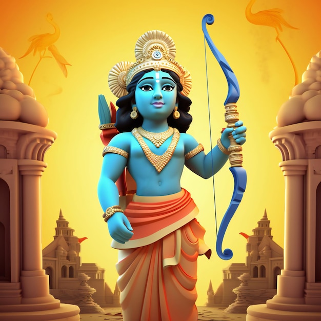 Photo lord shree ram in 3d with bow devine lord ram in blue hue and orange dhoti