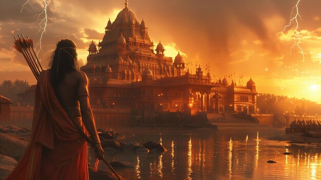 Photo lord shri ram standing in front of his temple