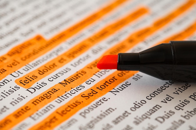 Lorem Ipsum text some lines are highlighted with orange marker stripes side view selective focus document preparation