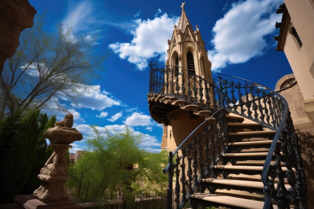 산타페에 있는 로레토 성당 (Loretto Chapel in Santa Fe) 은 푸른 하늘 아래의 신비로운 고 양식의 계단이다.