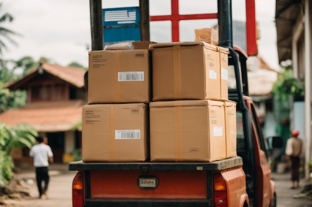 Lorry Or Truck Delivering Goods Or Boxes To A High Street Shop Or Store With No People