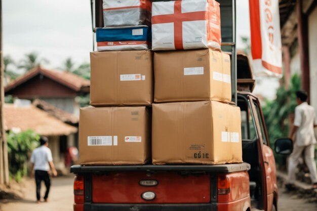 Lorry Or Truck Delivering Goods Or Boxes To A High Street Shop Or Store With No People