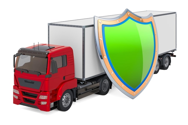 Lorry truck with shield insurance and protect freight transportation concept 3D rendering