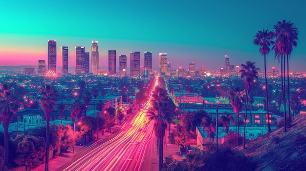 ロサンゼルス市の夜景高層ビルとナツメヤシ