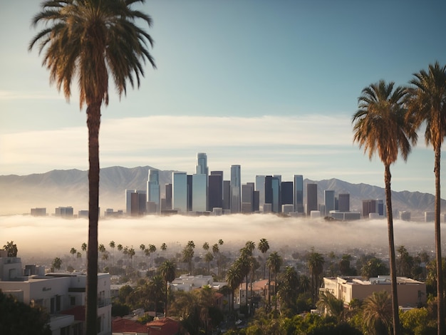 los angeles city view with palm tree